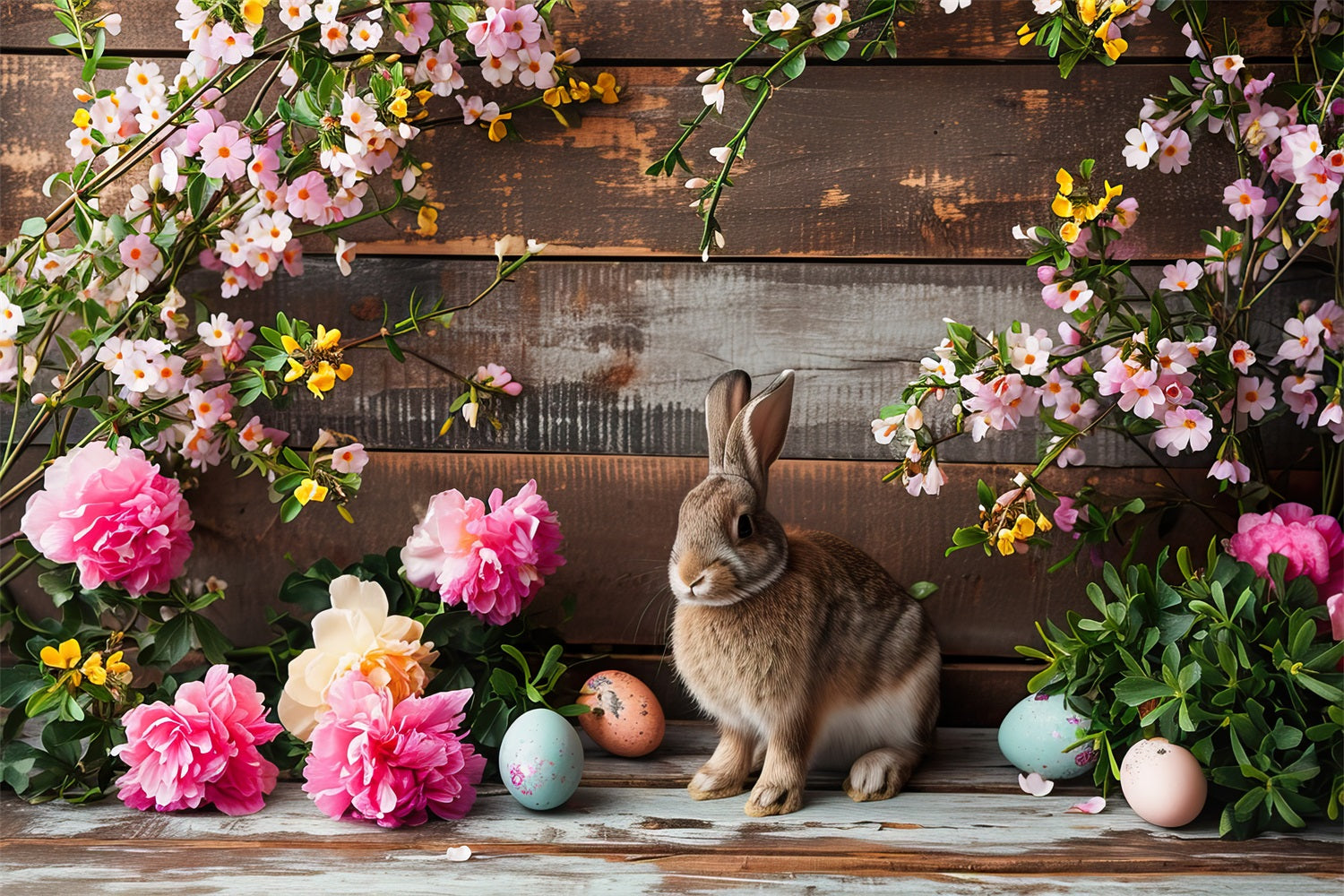 Easter Backdrop Pink Blooms Bunny Rustic Wooden Backdrop UK BRP12-421