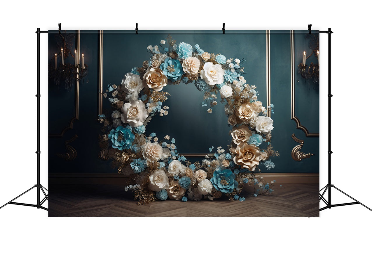 Maternity Backdrop Blue Gold White Floral Wreath Backdrop UK BRP12-43