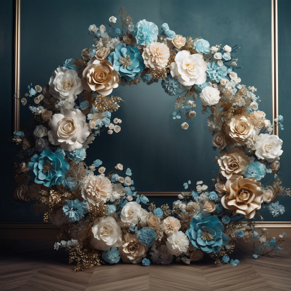 Maternity Backdrop Blue Gold White Floral Wreath Backdrop UK BRP12-43