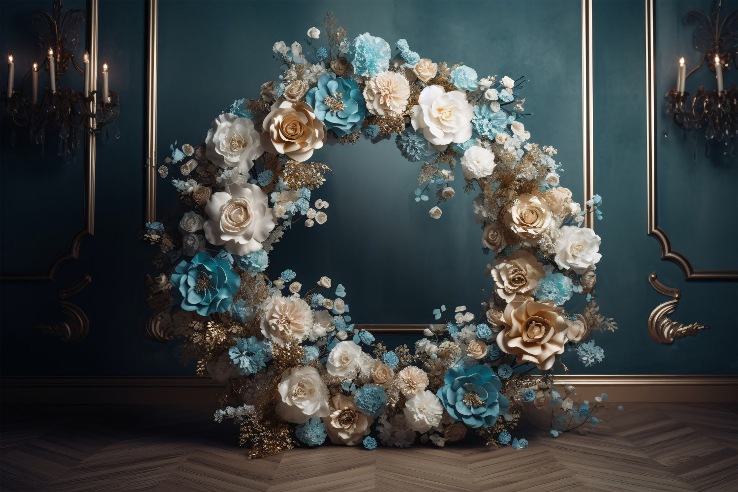 Maternity Backdrop Blue Gold White Floral Wreath Backdrop UK BRP12-43