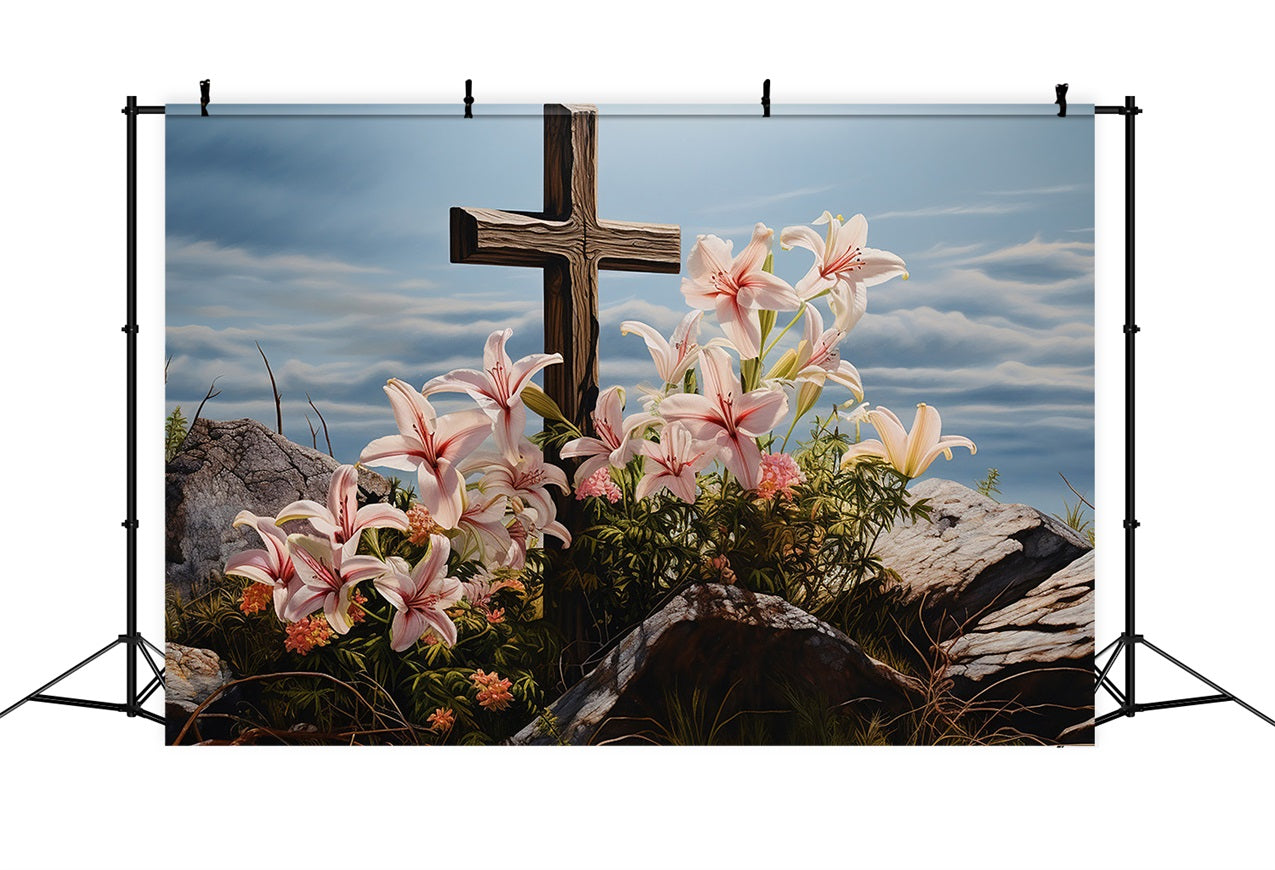 Easter Picture Backdrops Lilies Wooden Cross Photography Backdrop UK BRP12-433