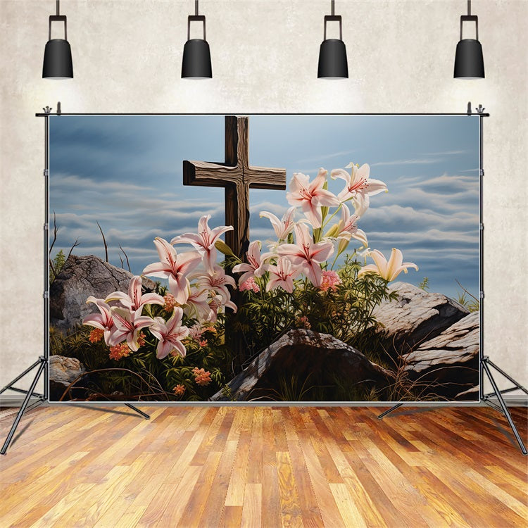 Easter Picture Backdrops Lilies Wooden Cross Photography Backdrop UK BRP12-433