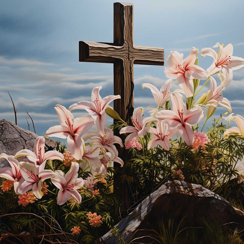 Easter Picture Backdrops Lilies Wooden Cross Photography Backdrop UK BRP12-433