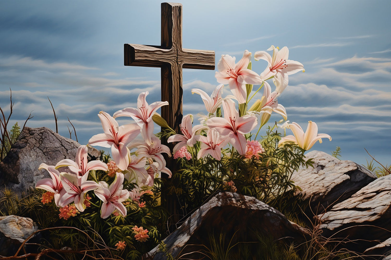 Easter Picture Backdrops Lilies Wooden Cross Photography Backdrop UK BRP12-433