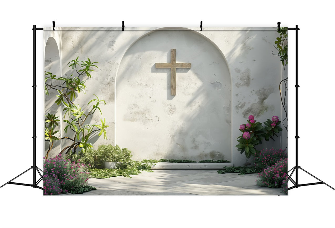 Easter Themed Backdrop White Arch Floral Cross Backdrop UK BRP12-435