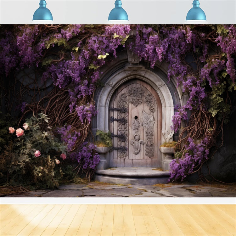 Spring Photo Backdrops Romantic Wisteria Wooden Door Backdrop UK BRP12-461