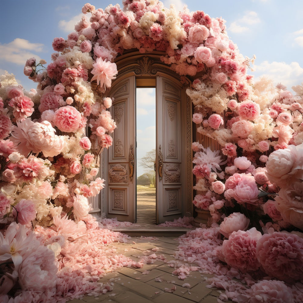 Spring Backdrops Enchanted Garden Doors Pink Flowers Backdrop UK BRP12-463