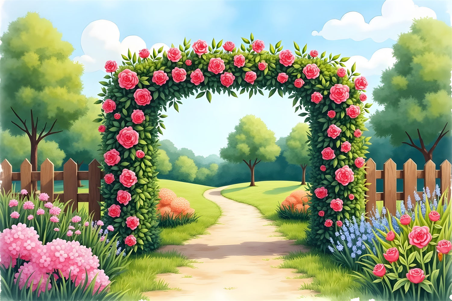 Spring Backdrops Blooming Garden Path Pink Roses Backdrop UK BRP12-477