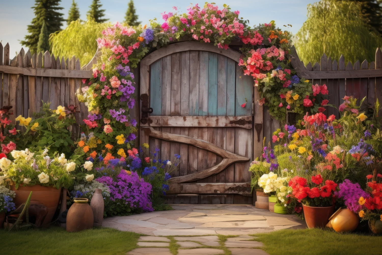 Spring Backdrop Rustic Wooden Gate Colorful Flower Backdrop UK BRP12-483