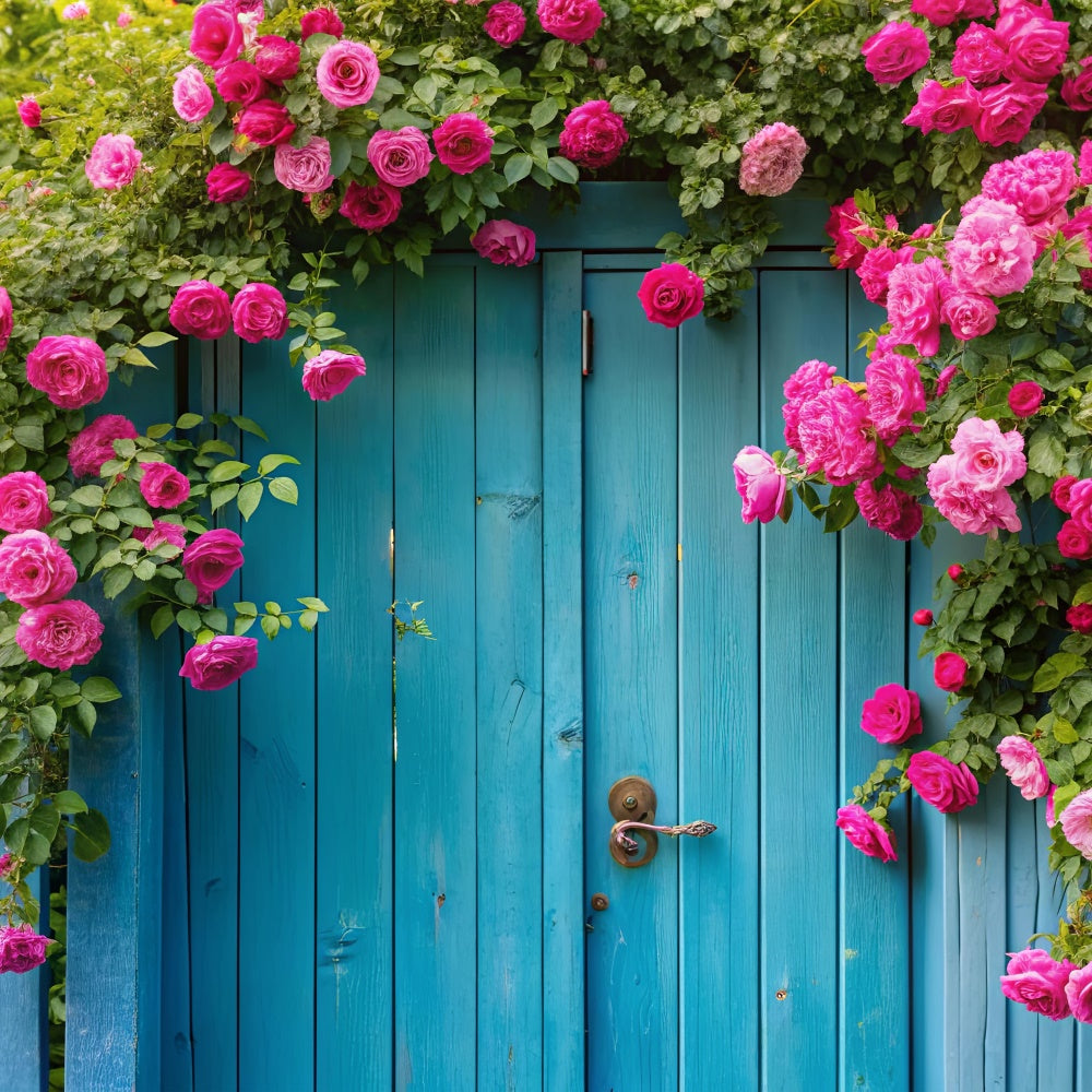 Spring Photo Backdrop Pink Roses Vintage Blue Gate Backdrop UK BRP12-489