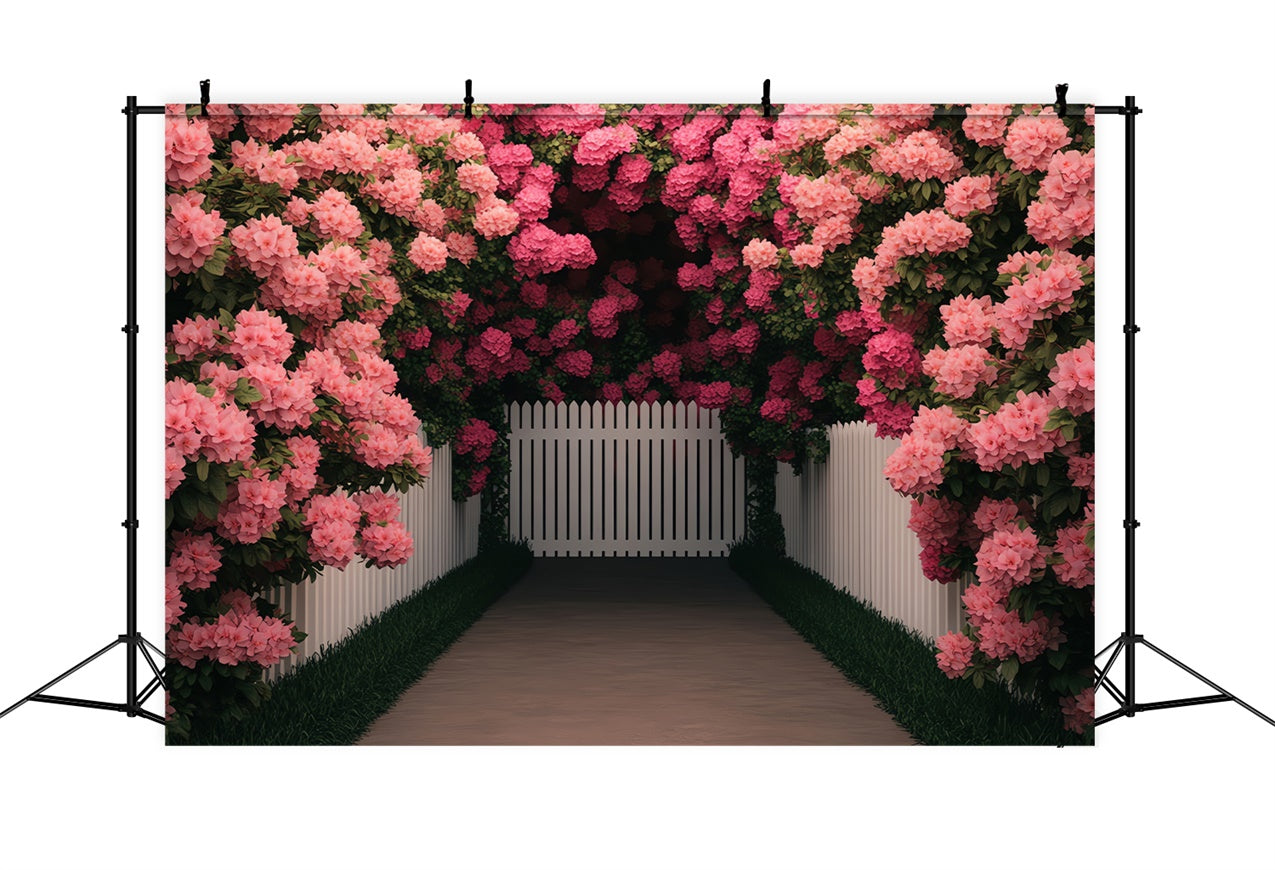 Spring Photo Backdrops Pink Floral White Fence Backdrop UK BRP12-491