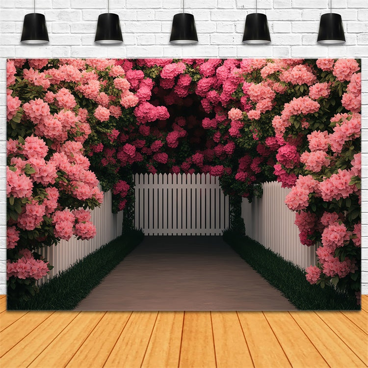 Spring Photo Backdrops Pink Floral White Fence Backdrop UK BRP12-491