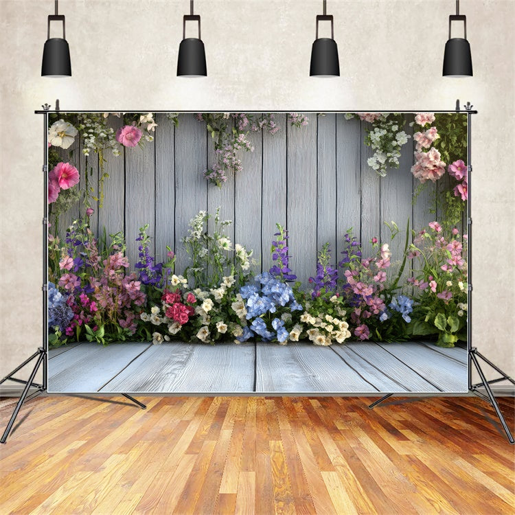 Spring Backdrop Photography Blue Wooden Wall Blooms Backdrop UK BRP12-497