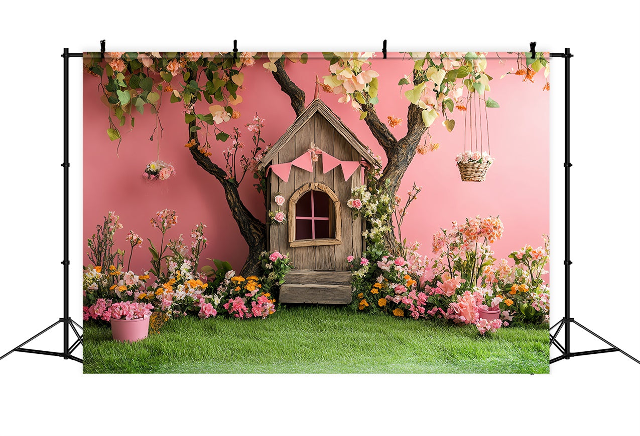 Pink Floral Backdrop Whimsical Treehouse Scene Backdrop UK BRP12-556