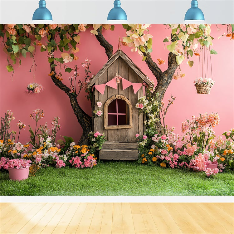 Pink Floral Backdrop Whimsical Treehouse Scene Backdrop UK BRP12-556