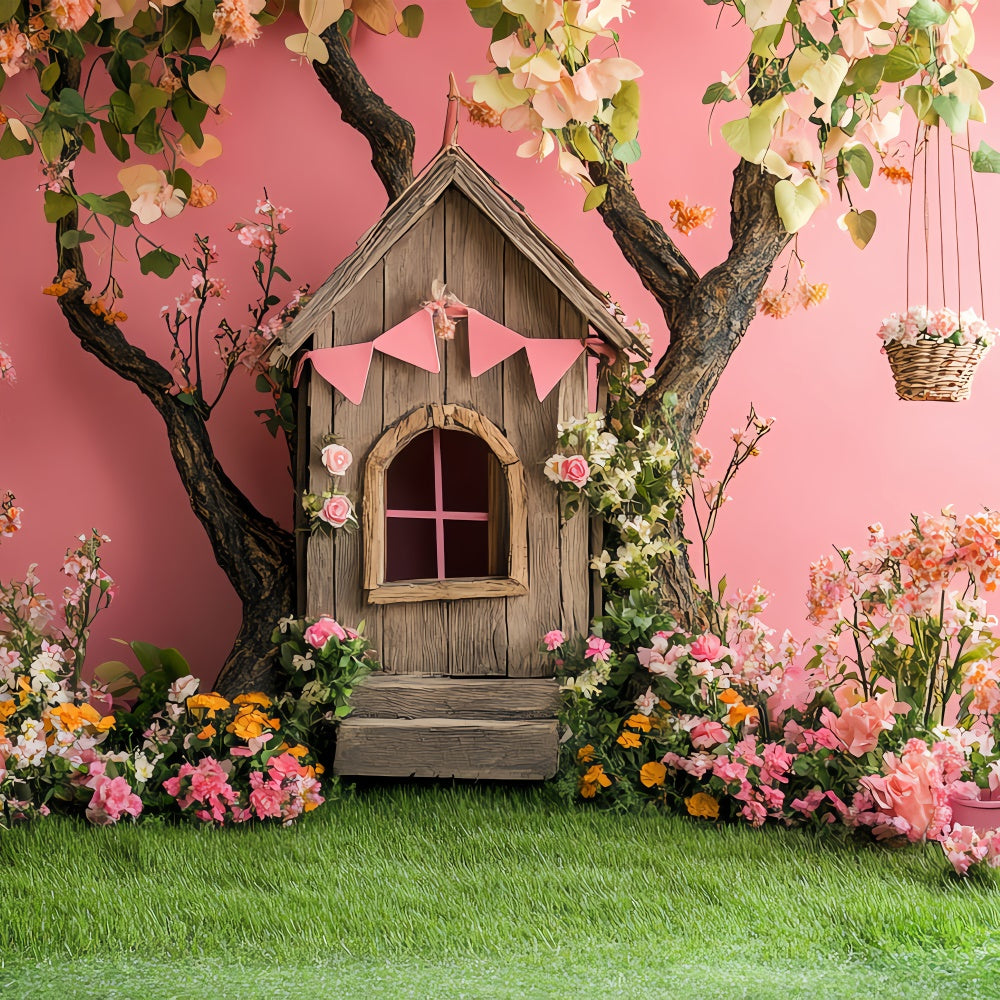 Pink Floral Backdrop Whimsical Treehouse Scene Backdrop UK BRP12-556