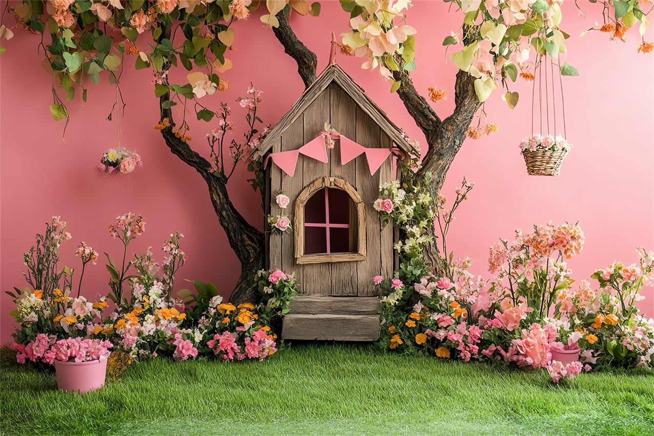 Pink Floral Backdrop Whimsical Treehouse Scene Backdrop UK BRP12-556