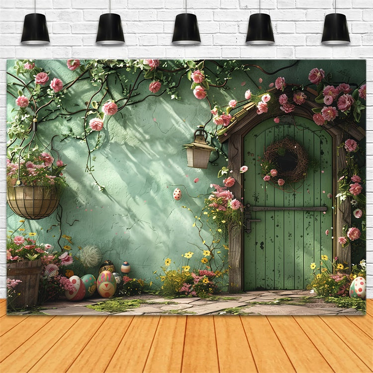 Backdrop With Flowers Green Door Wreath Backdrop UK BRP12-557