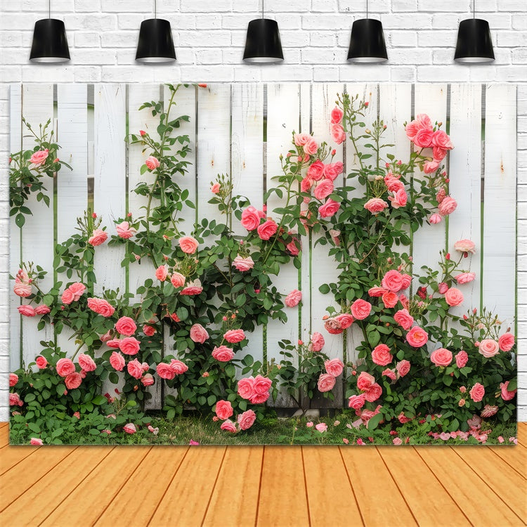 Floral Theme Backdrop White Wooden Fence Climbing Roses Backdrop UK BRP12-560