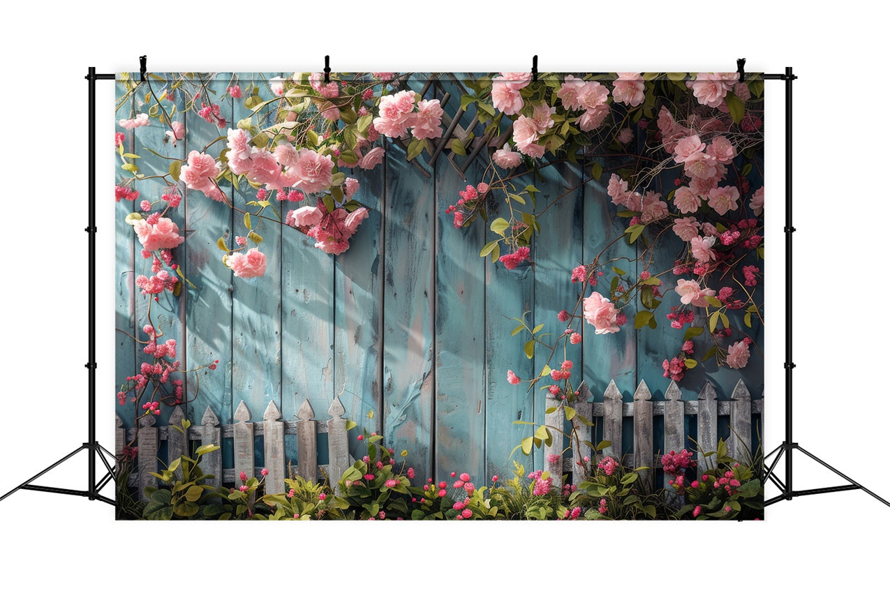 Flower Hanging Backdrop Blue Wooden Fence Blooms Backdrop UK BRP12-561