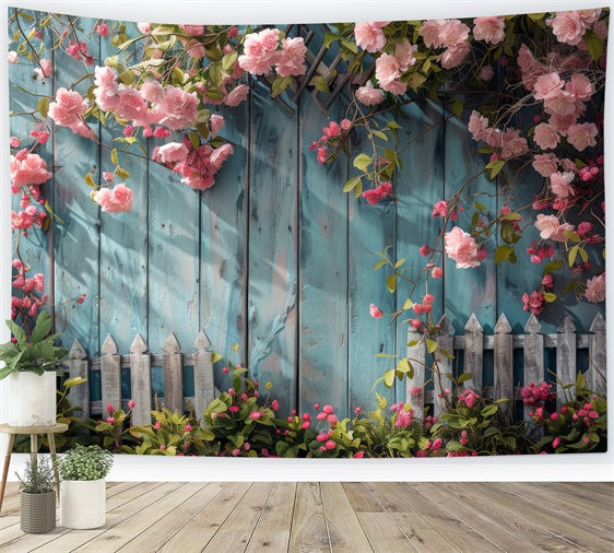 Flower Hanging Backdrop Blue Wooden Fence Blooms Backdrop UK BRP12-561