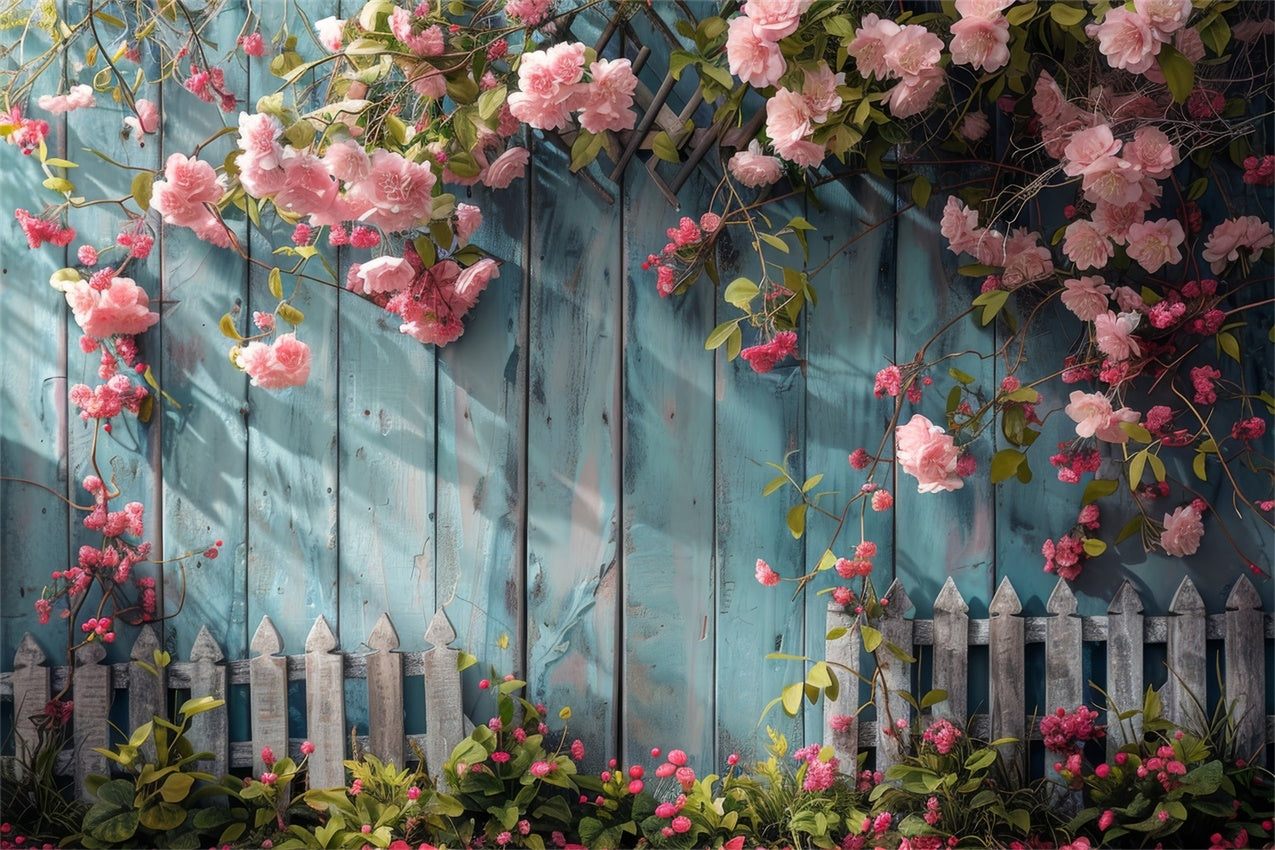 Flower Hanging Backdrop Blue Wooden Fence Blooms Backdrop UK BRP12-561