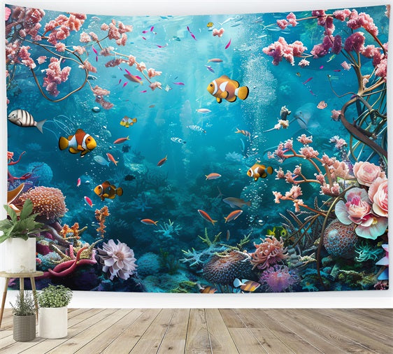 Mermaid Backdrop Bright Coral Reef Exotic Fishes Backdrop UK BRP12-63