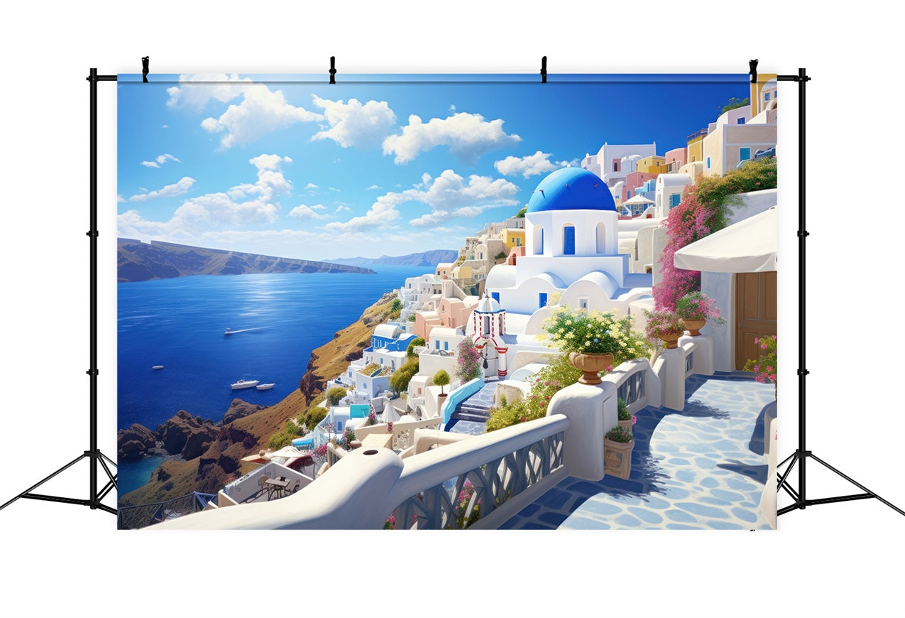 Architecture Backdrop Santorini Coastal Town Blue Sky Backdrop UK BRP12-640