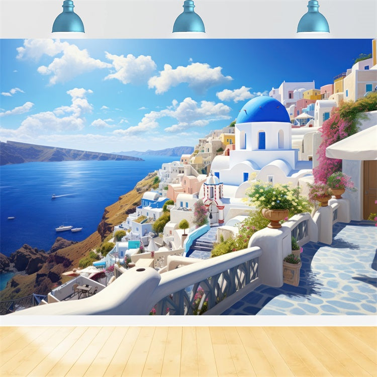 Architecture Backdrop Santorini Coastal Town Blue Sky Backdrop UK BRP12-640