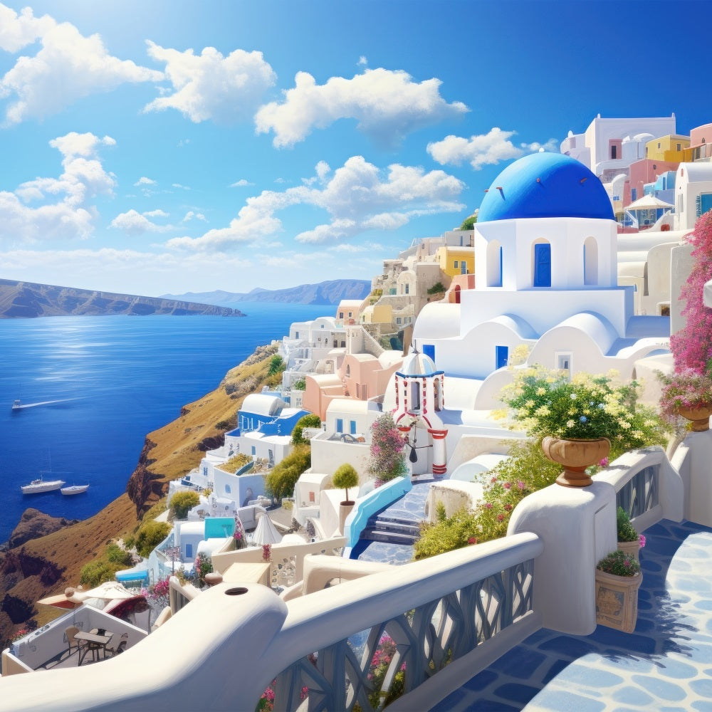 Architecture Backdrop Santorini Coastal Town Blue Sky Backdrop UK BRP12-640