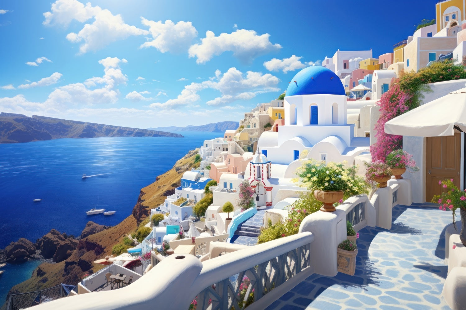 Architecture Backdrop Santorini Coastal Town Blue Sky Backdrop UK BRP12-640