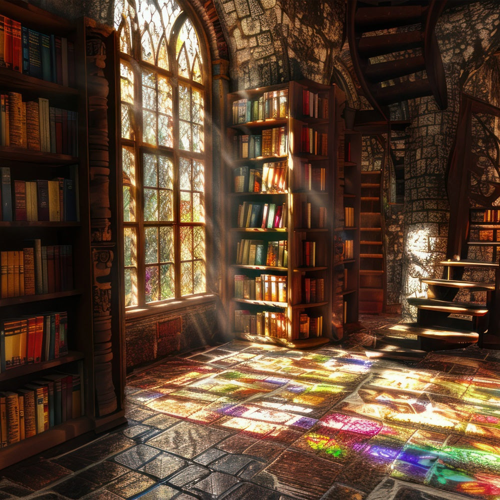 Architecture Backdrop Sunlit Gothic Library Stained Backdrop UK BRP12-650