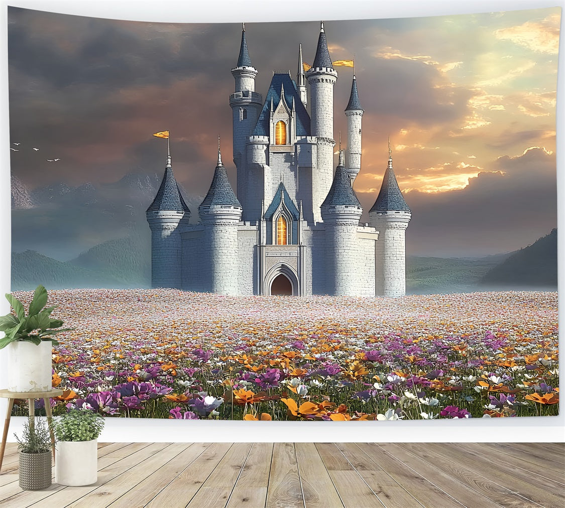 Architecture Backdrop Majestic Castle Blooming Flowers Backdrop UK BRP12-661