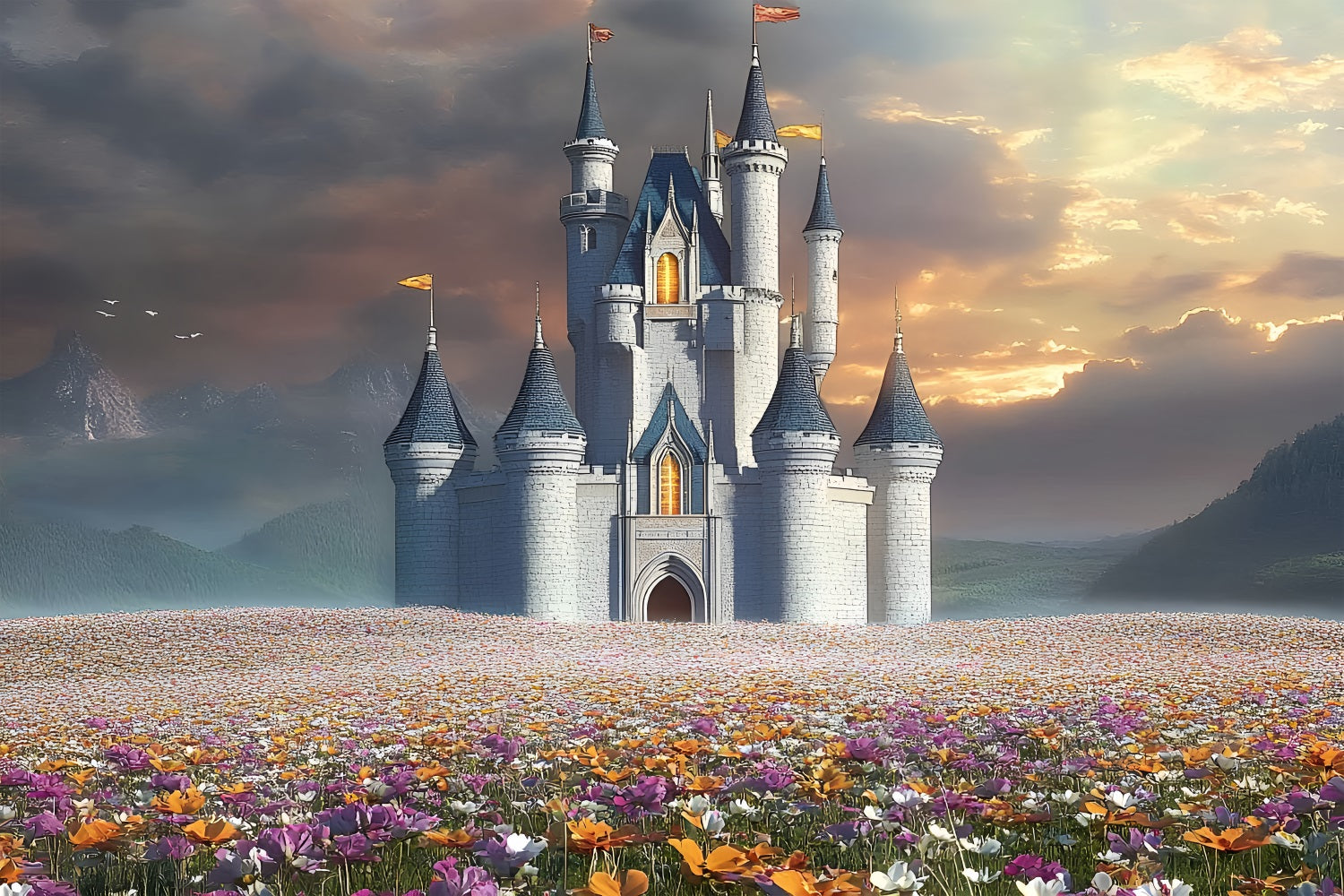 Architecture Backdrop Majestic Castle Blooming Flowers Backdrop UK BRP12-661