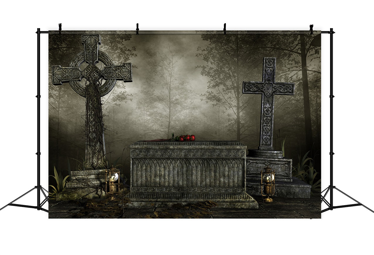 Coffin Backdrop Gothic Cross Coffin Foggy Forest Backdrop UK BRP12-692