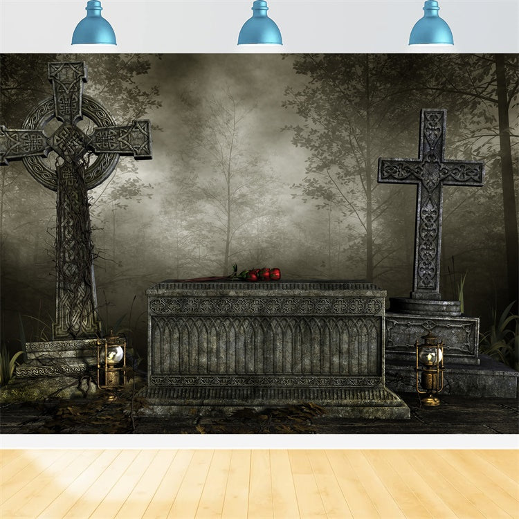 Coffin Backdrop Gothic Cross Coffin Foggy Forest Backdrop UK BRP12-692