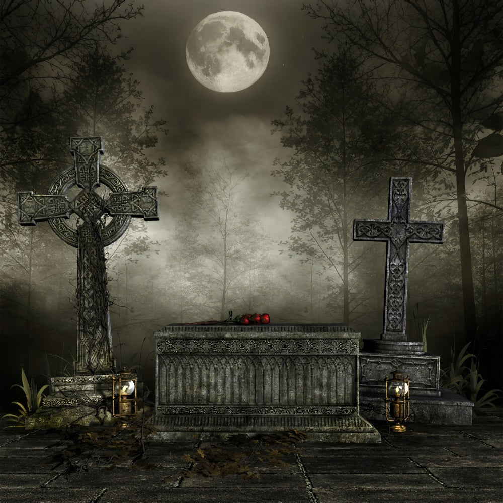 Coffin Backdrop Gothic Cross Coffin Foggy Forest Backdrop UK BRP12-692