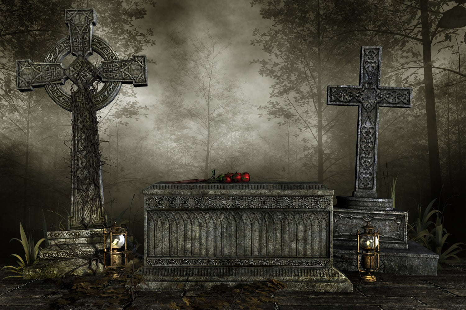 Coffin Backdrop Gothic Cross Coffin Foggy Forest Backdrop UK BRP12-692