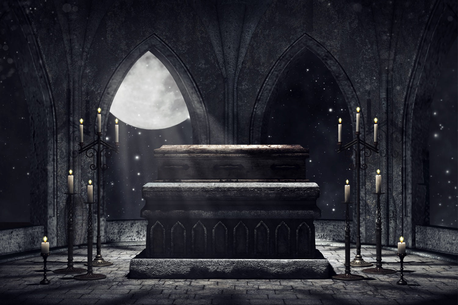 Coffin Backdrop Arched Window Moon Church Backdrop UK BRP12-695