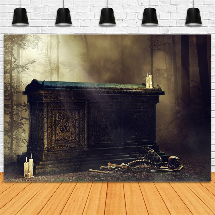 Coffin Backdrop Ancient Skeleton Candlelit Forest Backdrop UK BRP12-697