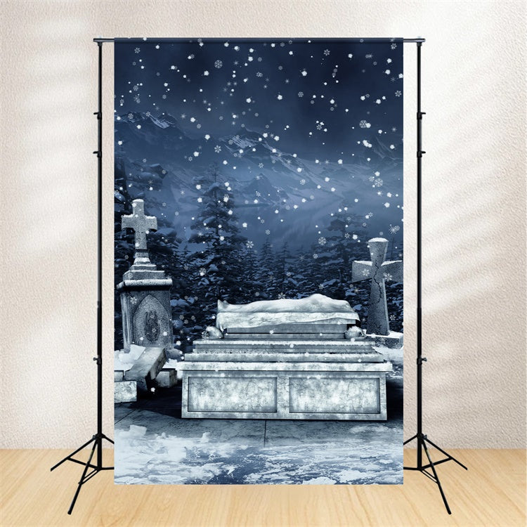 Coffin Backdrop Snowy Cemetery Falling Snowflakes Backdrop UK BRP12-700