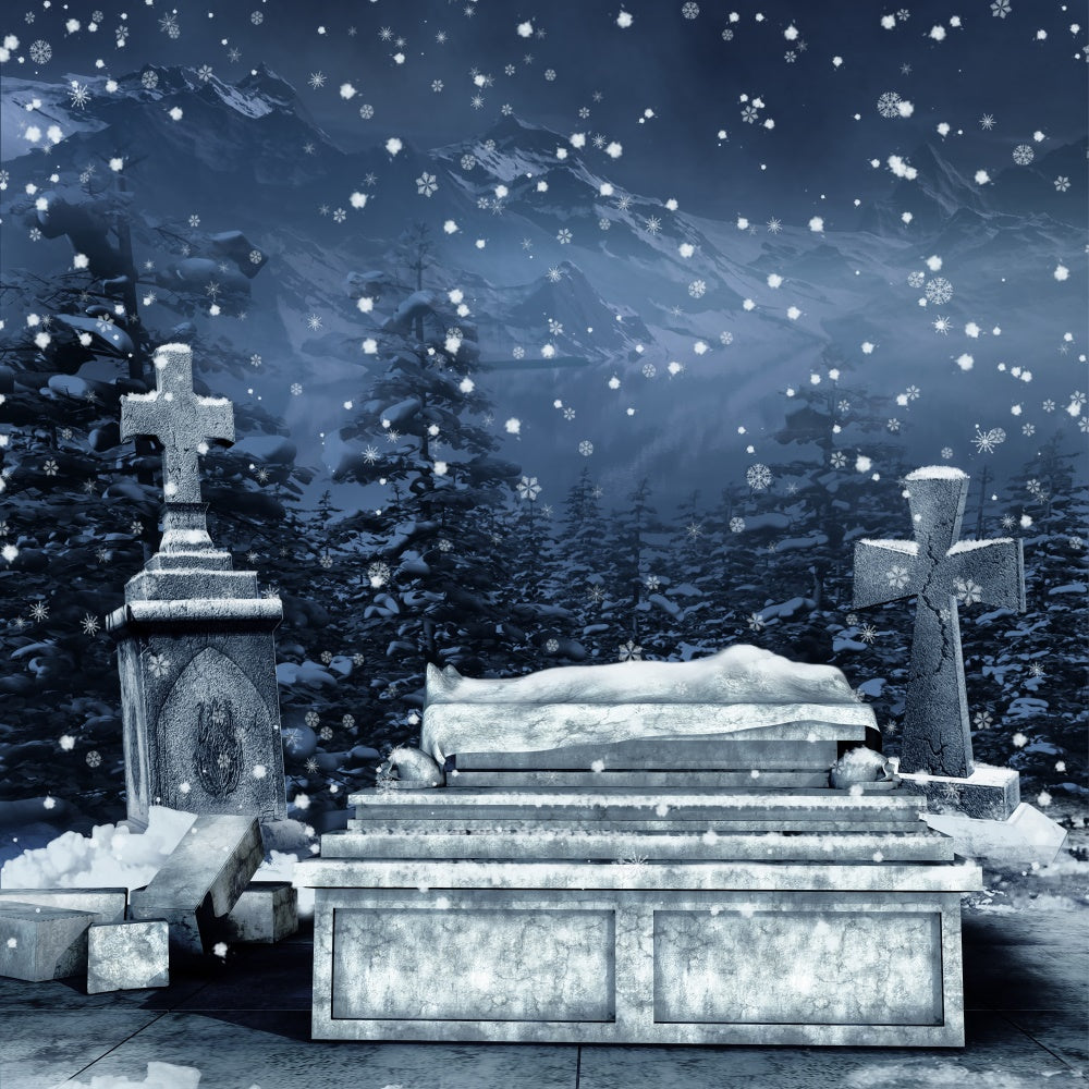 Coffin Backdrop Snowy Cemetery Falling Snowflakes Backdrop UK BRP12-700