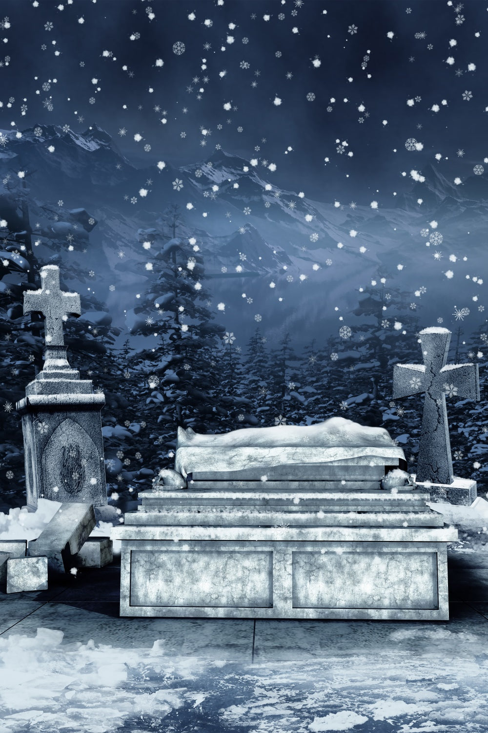 Coffin Backdrop Snowy Cemetery Falling Snowflakes Backdrop UK BRP12-700