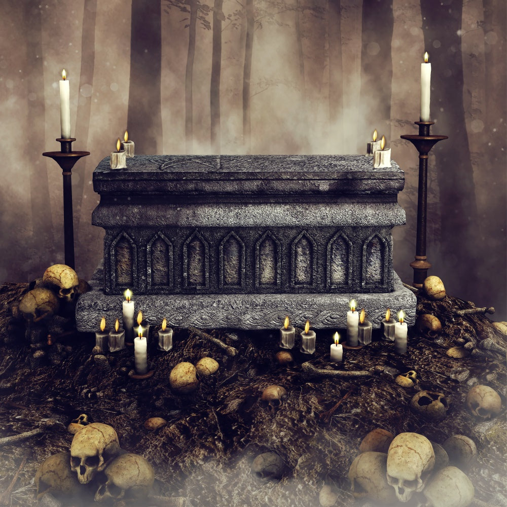 Coffin Backdrop Candlelit Gothic Forest Scene Backdrop UK BRP12-703