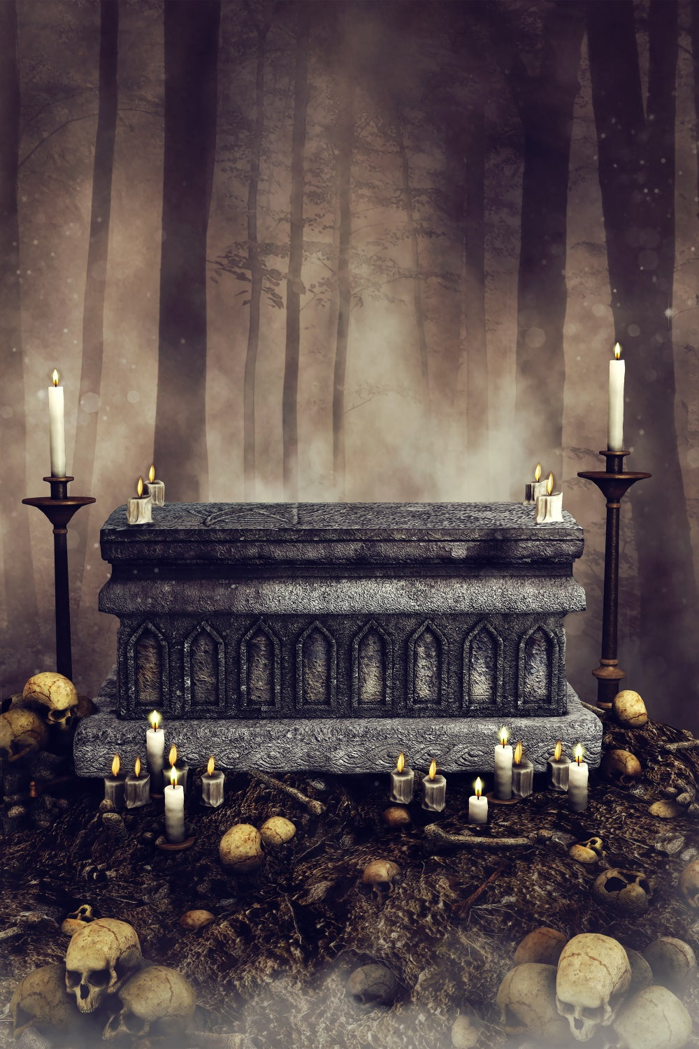 Coffin Backdrop Candlelit Gothic Forest Scene Backdrop UK BRP12-703