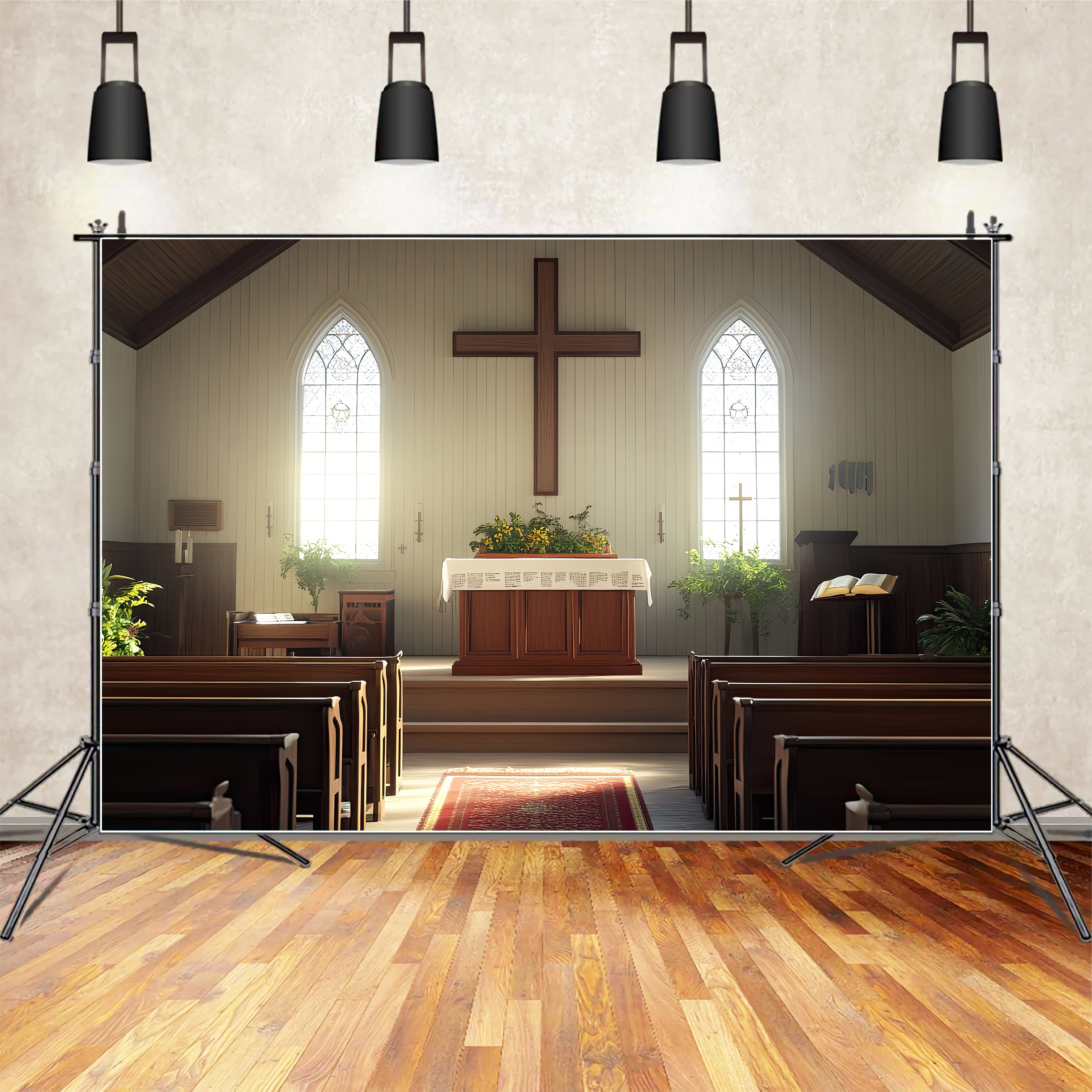 Church Wood Backdrops Wooden Altar Flowers Cross Backdrop UK BRP12-719