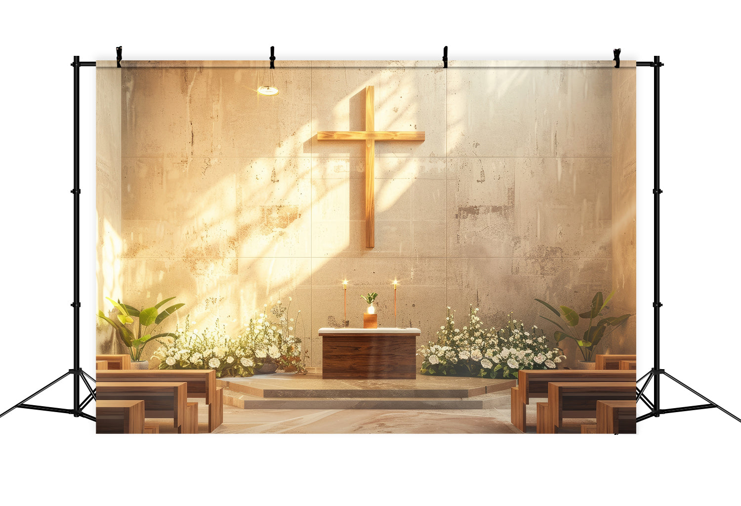 Church Backdrop Designs Sunlit Floral Golden Cross Backdrop UK BRP12-720