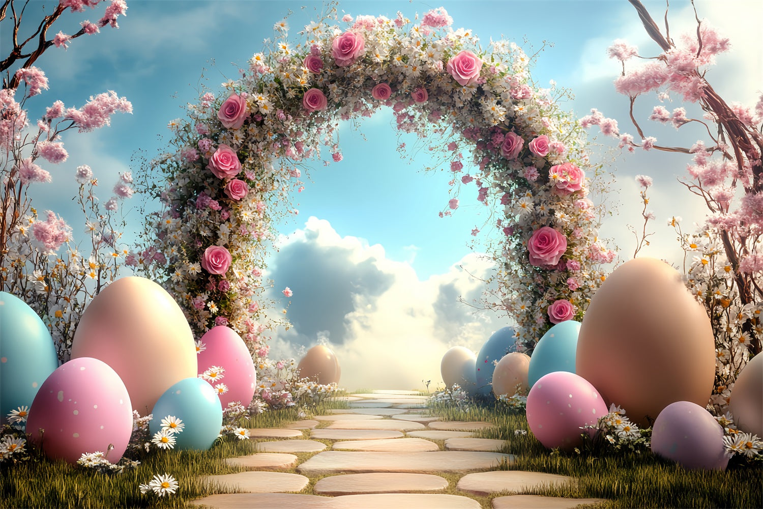 Easter Backdrops Ideas Pink Roses Daisies Egg Backdrop UK BRP12-722