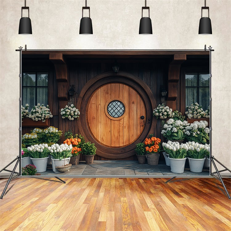 Backdrop Easter Rustic Round Wooden Door Floral Backdrop UK BRP12-727