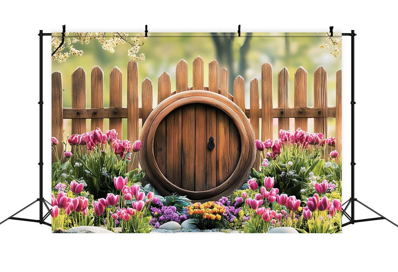 Photo Backdrops Easter Tulip Garden Rustic Fence Backdrop UK BRP12-729